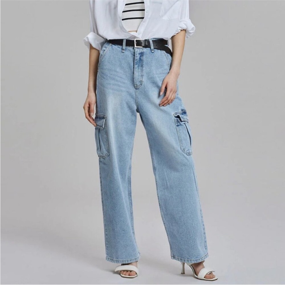 The Frakie Shop Kai Cargo Denim Pants Jeans In Worn Wash Size M